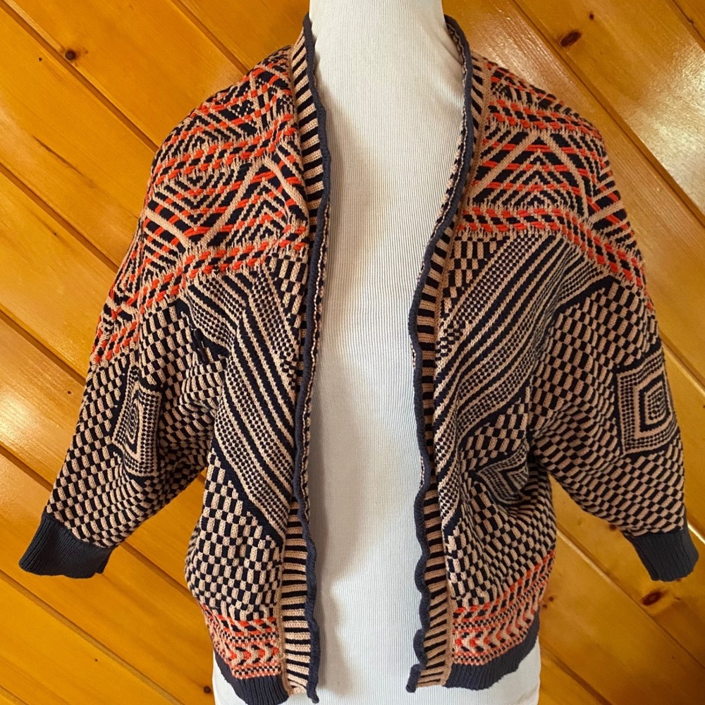 Moth Anthropologie XS Geometric Cotton Open Cardigan Navy Orange